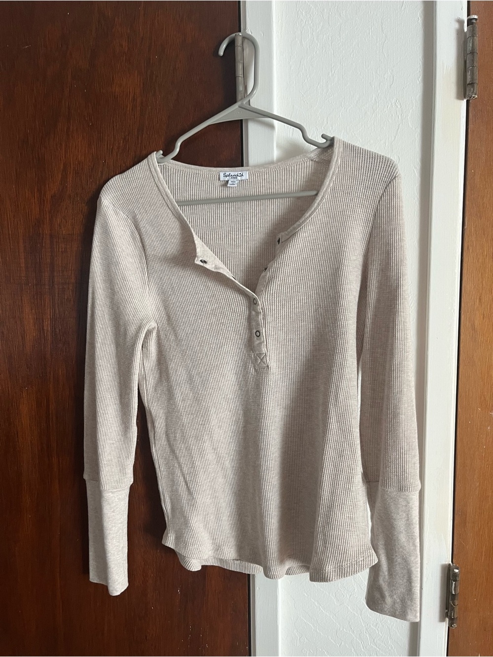 Splendid Ribbed Long-Sleeve Henley Top in Light Beige